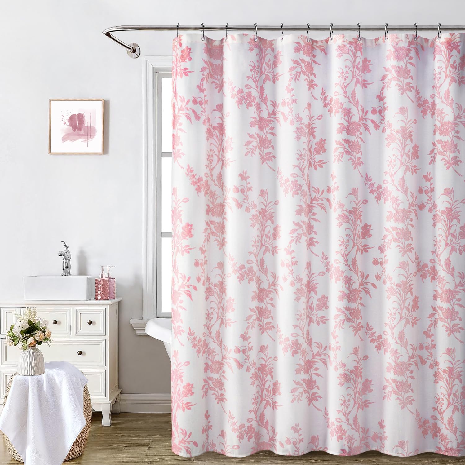 Awellife Pink Shower Curtain,Cotton Floral Cottagecore Spring Shower Curtain For Bathroom 72' W X 72' L